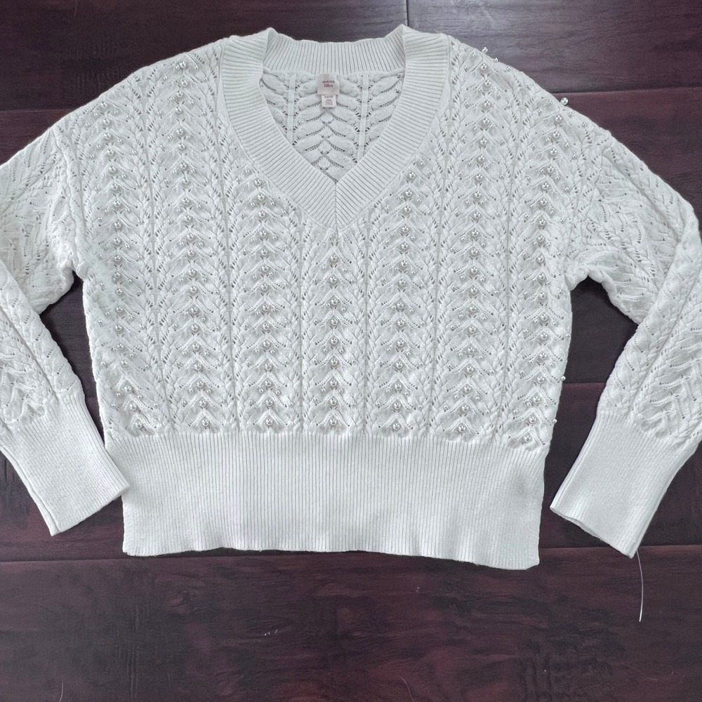 Autres Filles Pearl Embellished Knit Sweater V Neck XS Extra‎ Small Ivory